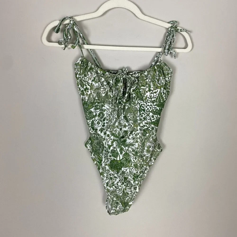 Berlook Retro Floral Drawstring‎ Ruched One-Piece Swimsuit Womens XS Green